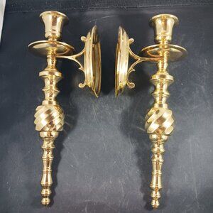 Vintage Solid Gold Brass Swirl Set of 2 Sconce Candlestick Holders